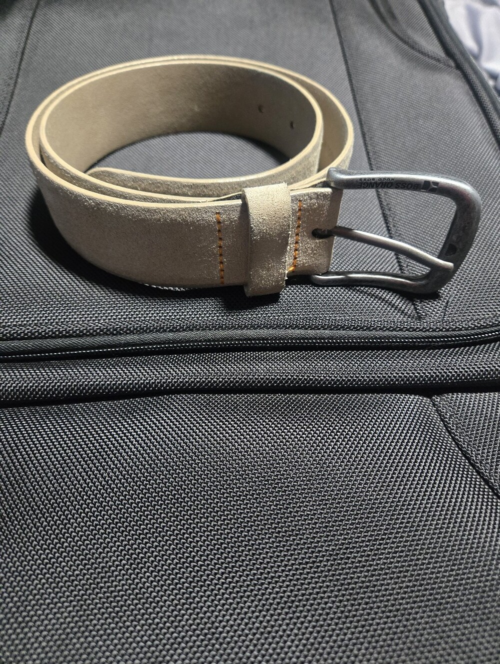 Hugo Boss Light Tan Suede Belt with Brushed Metal Buckle